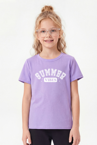 panios kids Tricou pentru fete mov cu mânecă scurtă și imprimeu cu guler rotund