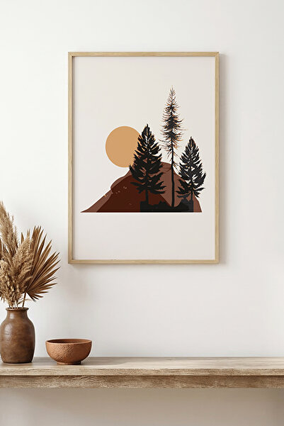 huhuli Tablou minimalist cu vedere la munte, înrămat cu lemn natural - Tonuri...