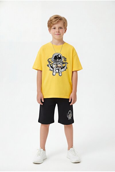 FYK COLLECTİON Astronaut Print Detailed Capri Pants and Round Neck Summer Boy...