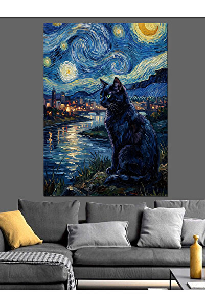 Artmeg Pânză decorativă pisică neagră în stil Van Gogh - Lemn MDF