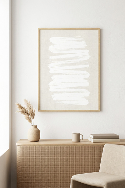 huhuli Minimal White Brush Patterned Painting with Natural Wooden Frame - Pas...