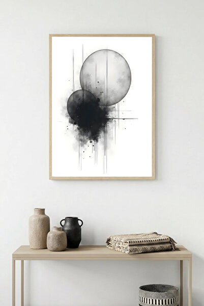 huhuli Tablou cu model cerc abstract, înrămat în lemn natural - Alb-Negru |  ...