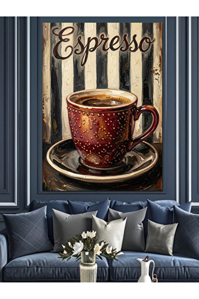 Artmeg Cană de espresso pe fundal cu dungi - Pânză decorativă - Masă din lemn...