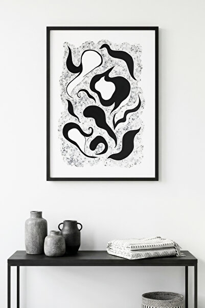 huhuli Αφηρημένος πίνακας με ασπρόμαυρα σχέδια με φυσικό ξύλινο πλαίσιο - Μον...