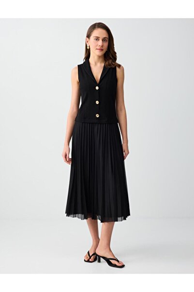 Jimmy Key Siyah Düğme Detaylı V Yaka Kolsuz Örme Midi Elbise