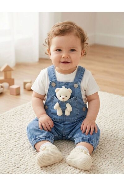 Kity Mity KİTY&MİTY Ayı Aksesuarlı Kot Unisex Bahçıvan Salopet 6Ay-9Ay-12Ay