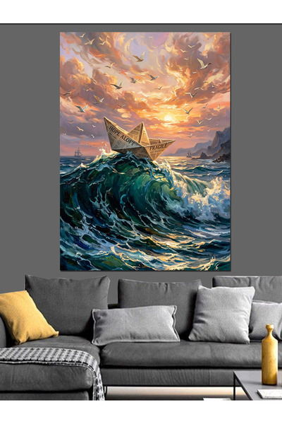 Artmeg Navă mică de hârtie în mare ondulată - Pânză decorativă - Masă din lem...