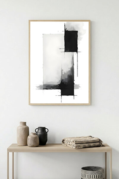 huhuli Tablou cu model minimalist abstract, cu ramă din lemn natural - Alb-ne...