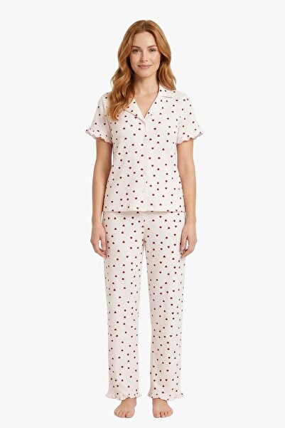 Cottonhill Cream Heart Patterned Wrinkled Shirt Collar Women's Pajama Set