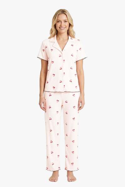 Cottonhill Set de pijamale pentru femei, cu guler tip cămașă, cu model cireș ...