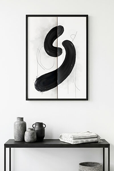 huhuli Αφηρημένος πίνακας με μαύρο σχέδιο με φυσικό ξύλινο πλαίσιο - Μίνιμαλ ...