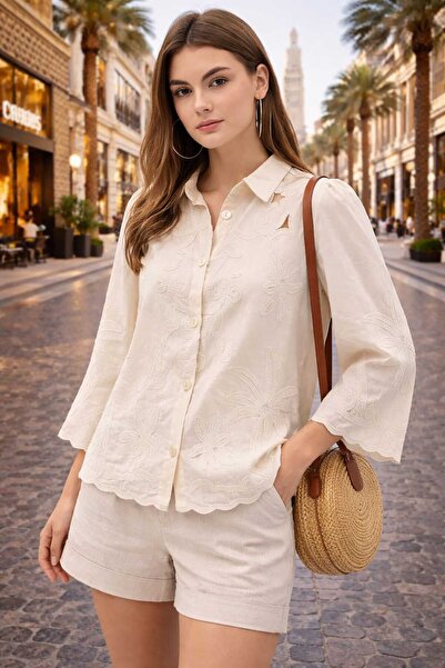Burcia Palm Embroidered Linen Shirt