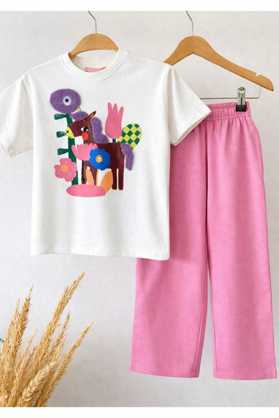 Teeny Weeny Kids Set tricou și pantaloni roz pentru fete, din bumbac, cu impr...