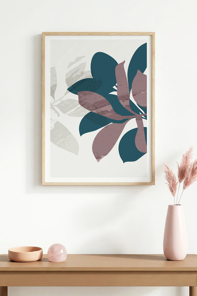 huhuli Tablou cu model de frunze abstracte, încadrat în lemn natural - Tonuri...