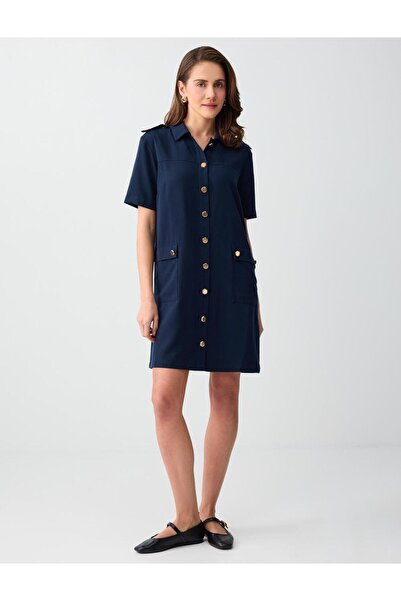 Jimmy Key Μπλε ναυτικό υφαντό μίνι φόρεμα με γιακά πουκάμισου, κοντά μανίκια ...