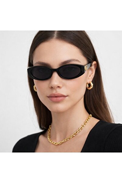 mirvia Women's Black Sunglasses Oval Frame Gold Detail Uv400 Protected Retro ...