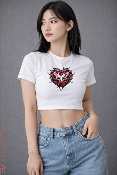 Velostra Women's Red Crystal Heart Printed Basic Daily Use Tee Crop
