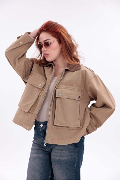 Yeys Shop Vintage Cep Detaylı Kahverengi Gabardin Ceket
