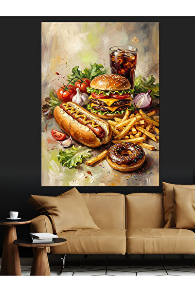 Artmeg Hamburger Patates Ve Sosisli Menü Dekoratif Kanvas - Mdf Ahşap Tablo