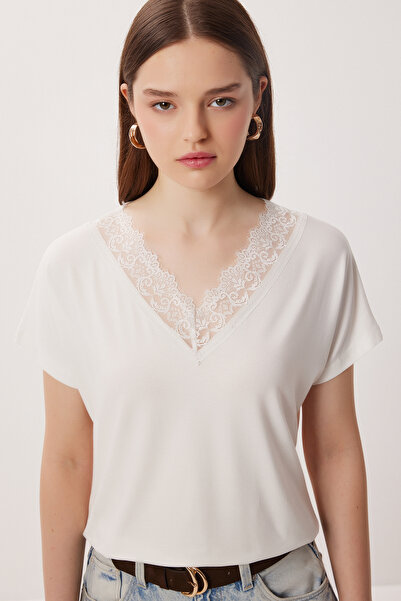 Lovelyİstanbul Bluză din viscoză cu detalii din dantelă LRN0025 ECRU