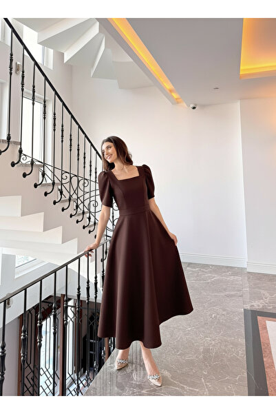 BEYZATURAN Καφέ κοντομάνικο μάξι φόρεμα με φουσκωτή φούστα για βραδινό ντεκόρ