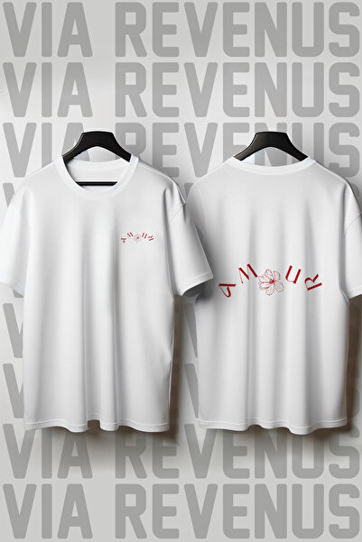 Vordevia Tricou unisex Amour, cu imprimeu în față și în spate, cu decolteu ti...