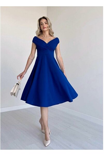 vuvutasarım Women's Off-Shoulder Pleated Crepe Midi Dress 31247