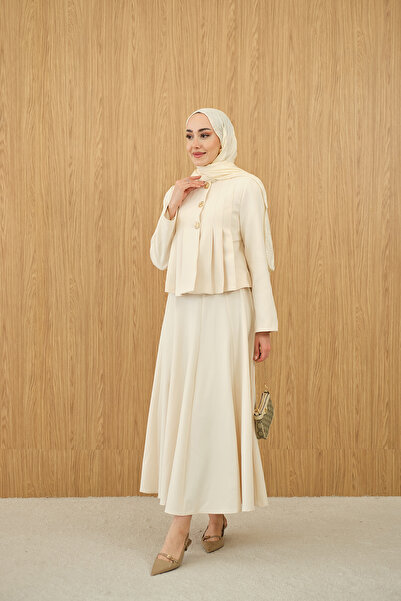 LOCCO Γυναικεία Κρεμ Φούστα με Λεπτομέρεια Πιέτες και Χρυσά Κουμπιά