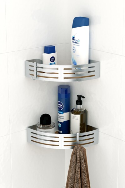 Tekno-tel Raft de colț pentru baie Teknotel, 2 piese, cu cârlige din inox, su...