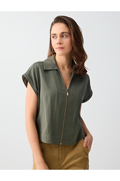 Jimmy Key Ada Çayı Yeşili Polo Yaka Fermuar Detaylı Dokuma Bluz