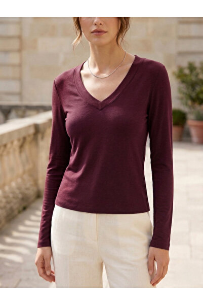 ÖRKCÜ Women's Cream V-Neck Basic Long Sleeve Bodysuit