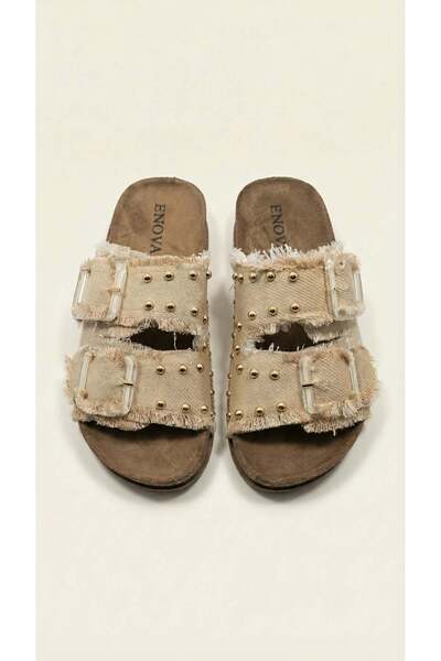 Shoebuo Жіночі анатомічно розроблені джинсові капці з подвійною пряжкою, повс...