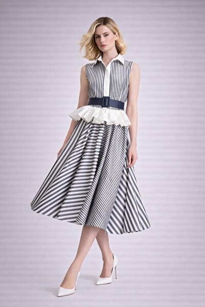 ALYEL NAKER Front Deep Slit & Ruffled Striped Midi Length Taffeta Shirt Dress