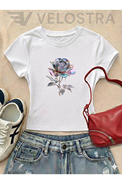 Velostra Women's Metallic Rose Printed Basic Daily Use Crop T-Shirt