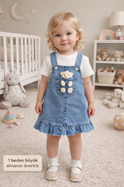 BEBEXO KIDS Kız Bebek Ayıcıklı Fırfırlı Kot Elbise Çizgili Kısa Kollu Body 2'...