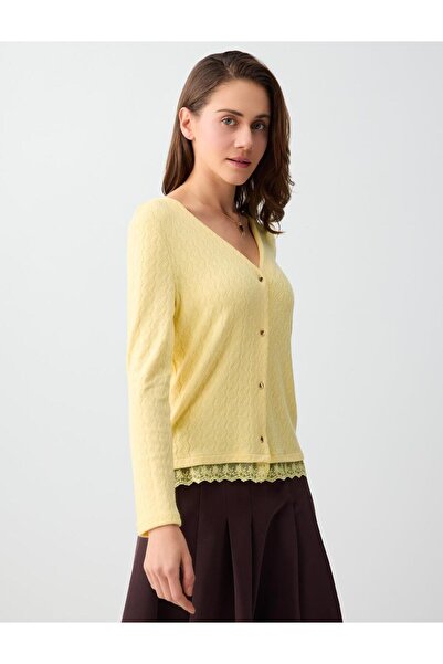 Jimmy Key Açık Sarı Rahat Kesim Yumuşak Dokulu Dantel Detaylı Hırka