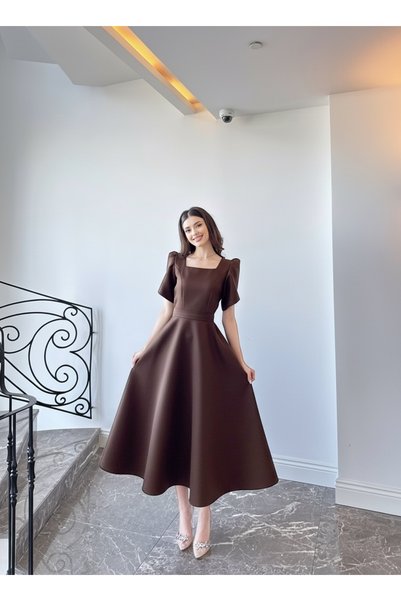 BEYZATURAN Olen Brown Short Sleeve Maxi Long Length Flared Skirt Evening Dress