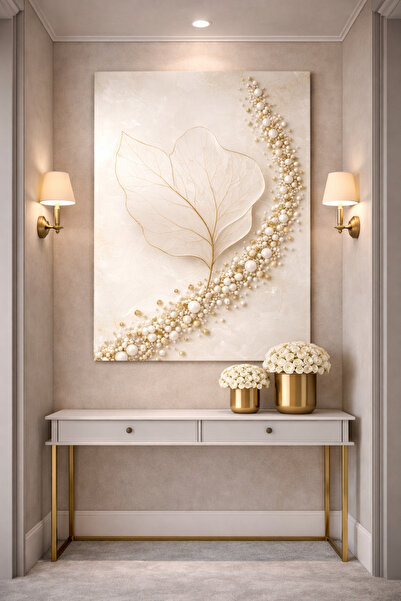 EvimeTablo Lüks Beyaz Gold Yaprak Kanvas Tablo – Premium Duvar Sanatı, Ofis &...