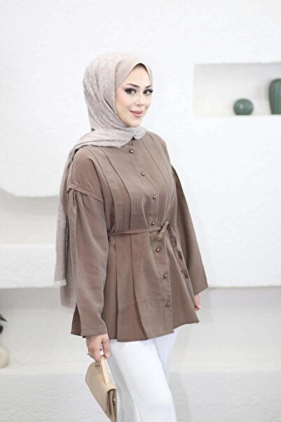 Suede Style 9301 - Stylish Comfortable Threaded Waist Tie Long Shirt