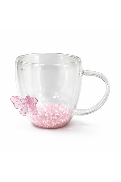 wei inox Double-walled mug, butterfly pattern, glass, transparent, pink, 350 ml