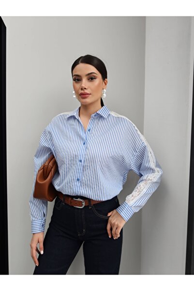 ESRAHELVACI Cămașă cu dantelă pe umăr și dungi