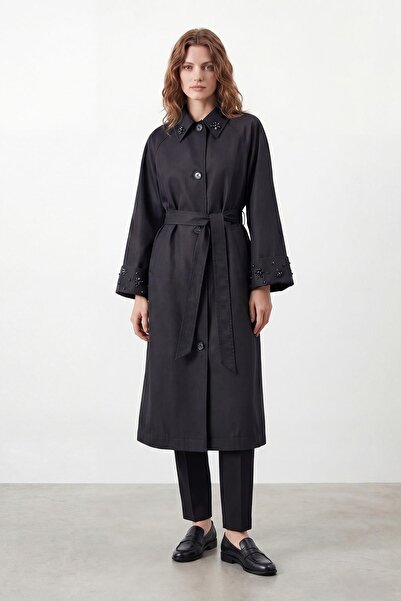 Puane Trenci de damă cu guler și mâneci brodate și cordon 15265