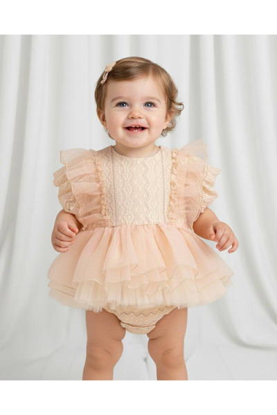 Lily and Co Tulip Ribbon Detailed Lace Baby Girl Jumpsuit