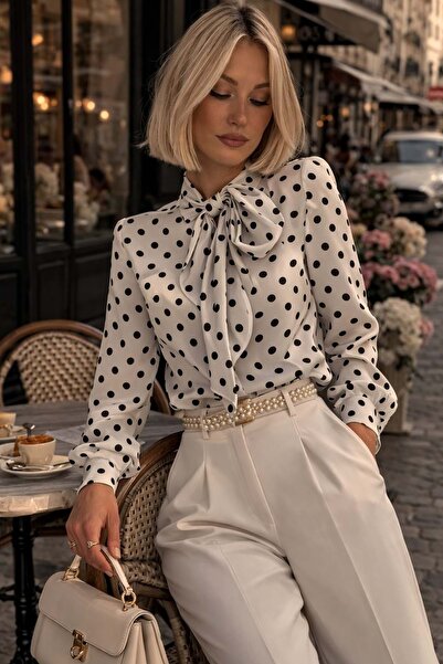 ibeeka Винтидж парижка блуза на точки Coco Pois екрю - черна