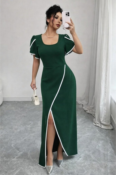 Modayakamoz New Season Women's Short-Sleeved Square-Neck Crepe Dress with Cro...