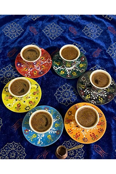 Si Sorti Ceramics 6'lı El Yapımı Kabartmalı Çini Desenli Kahve Fincan Takımı