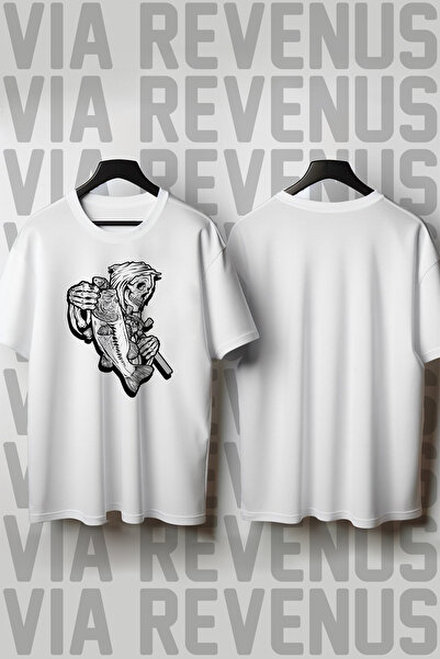Vordevia Tricou unisex cu imprimeu Skull Fisherman, cu gât rotund, croială le...