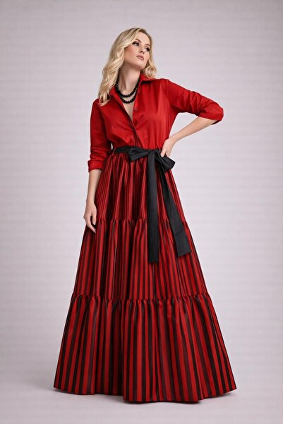 ALYEL NAKER Ruffled & Layered Maxi Taffeta Red Shirt Dress