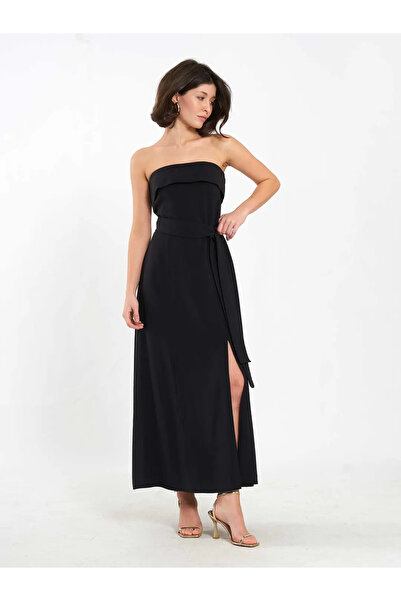 BIGNUANCE Black Strapless Buttoned Slit Detailed Long Dress Casual Comfortabl...