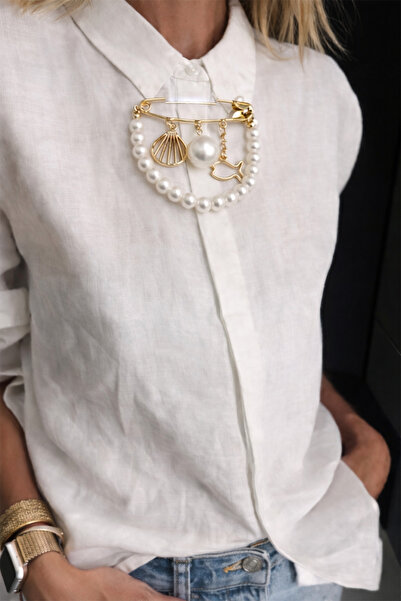 Modex İnci Detay Balık D.Kabuğu Figürlü Çoklu İğne Broş (4*5cm)